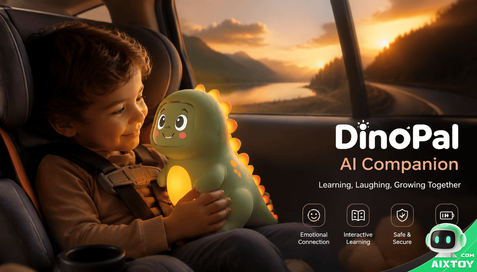 Child in car seat holding AI companion toy with glowing interactive display and emotional connection