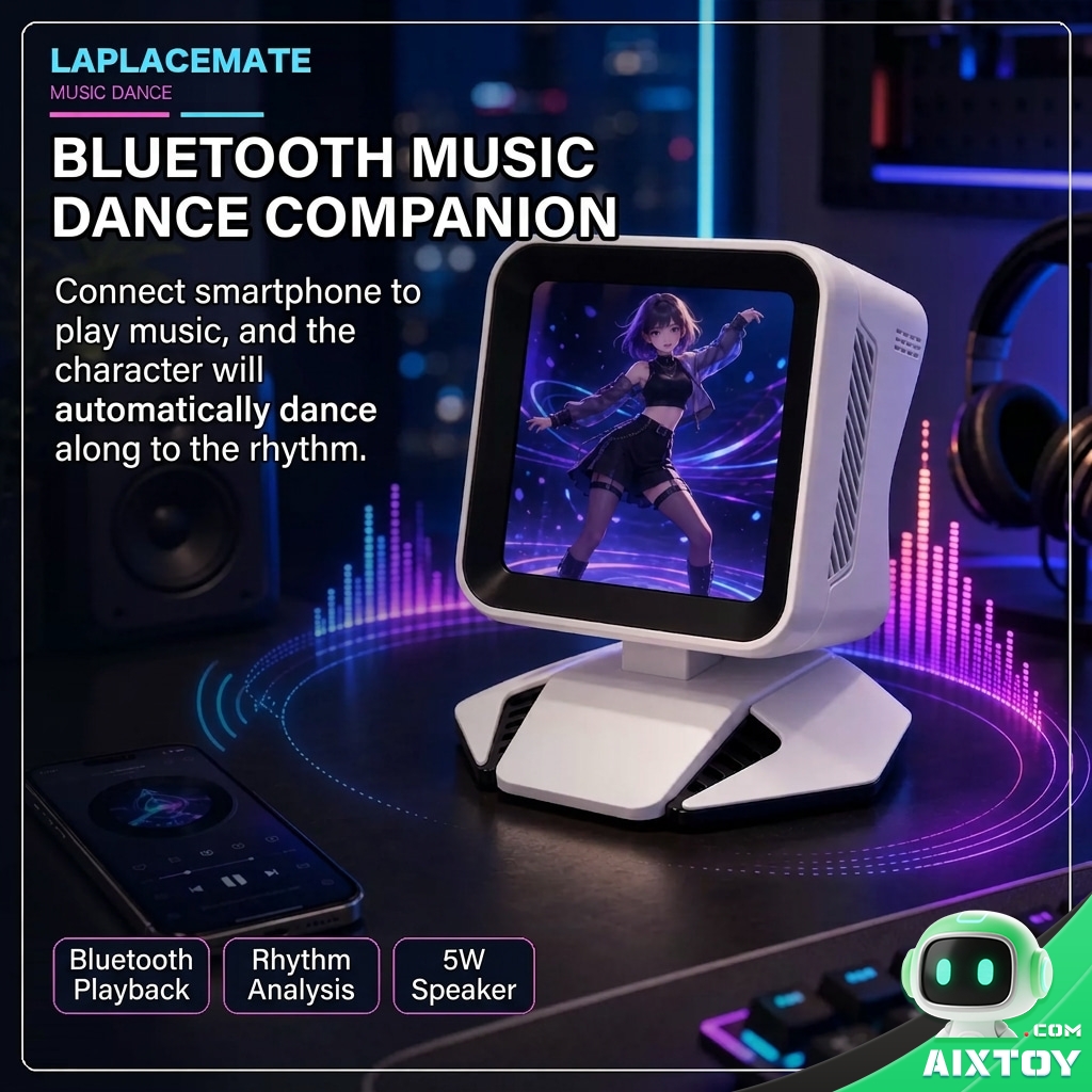 Aimei AI digital companion desktop pet screen showing a dancing anime character with music played from a connected phone