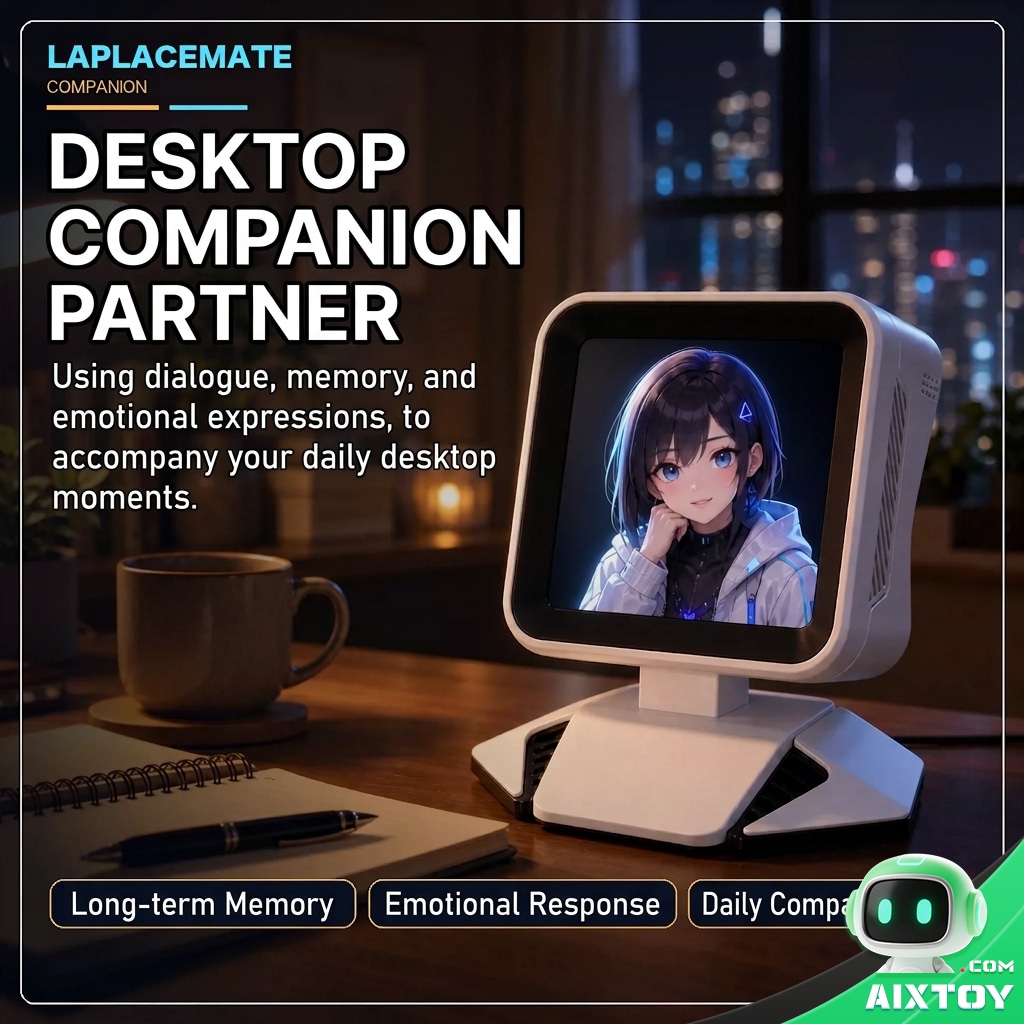 Aimei AI digital companion desktop pet on a desk beside a coffee cup, displaying an anime girl on screen