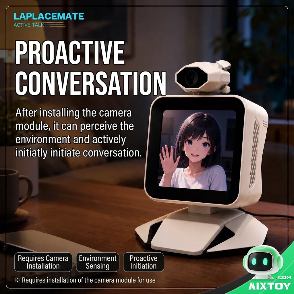 Aimei AI Digital Companion Desktop Pet - Gallery image Aimei AI digital companion desktop pet with a top camera module enabling proactive conversation with its avatar