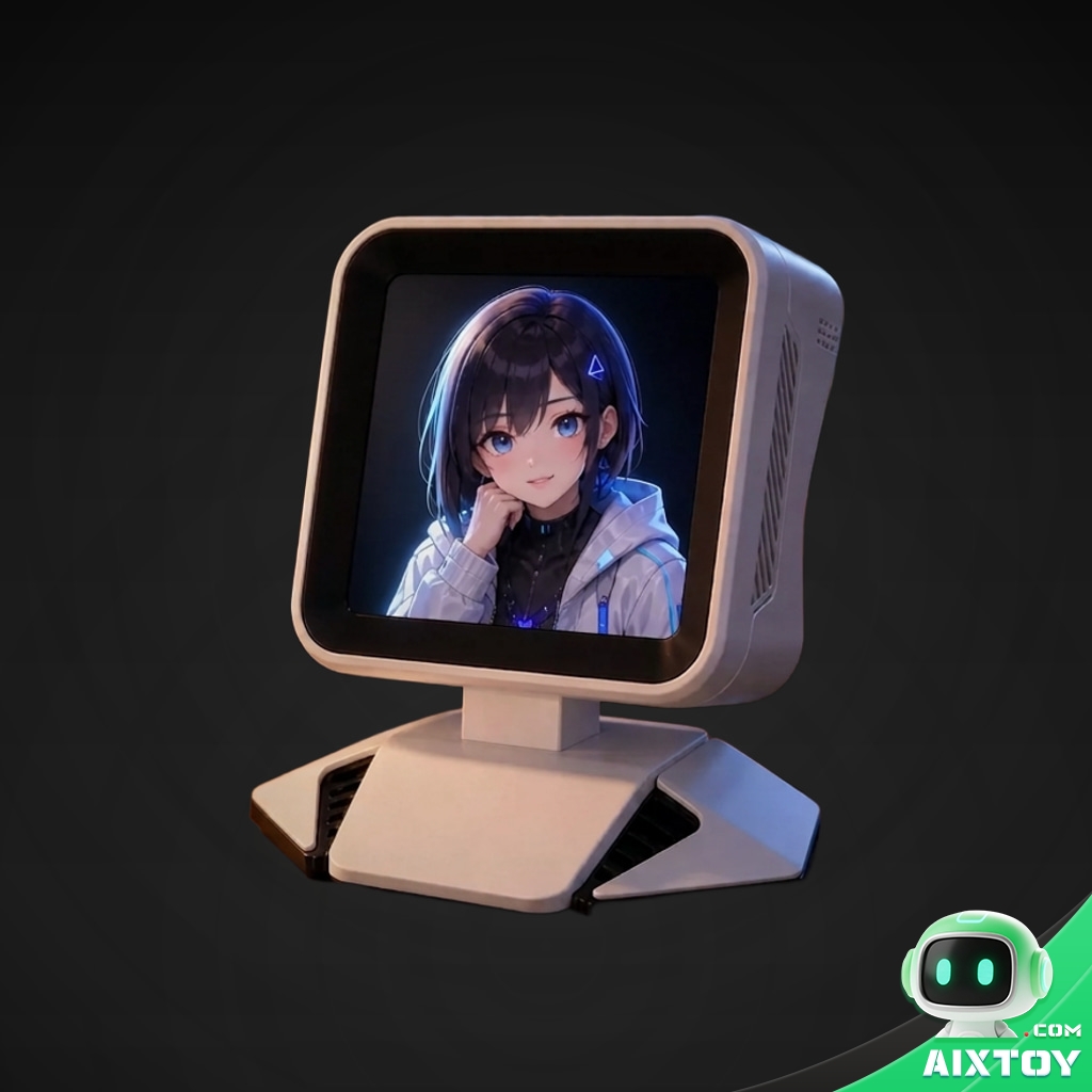 Aimei AI Digital Companion Desktop Pet - Custom Character Voice Chat Robot Aimei AI digital companion desktop pet, white plastic desktop AI companion with a screen showing an anime character, supported by an angled geometric stand — studio product photo on a dark background (AIXTOY)