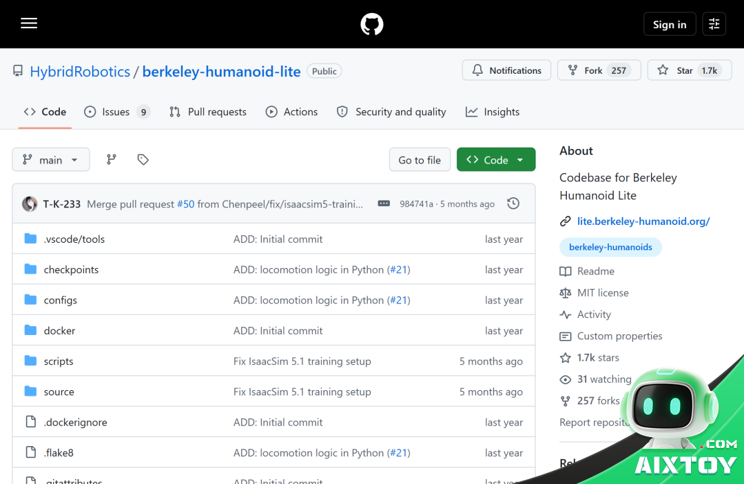 GitHub repository page of hybridrobotics/berkeley-humanoid-lite