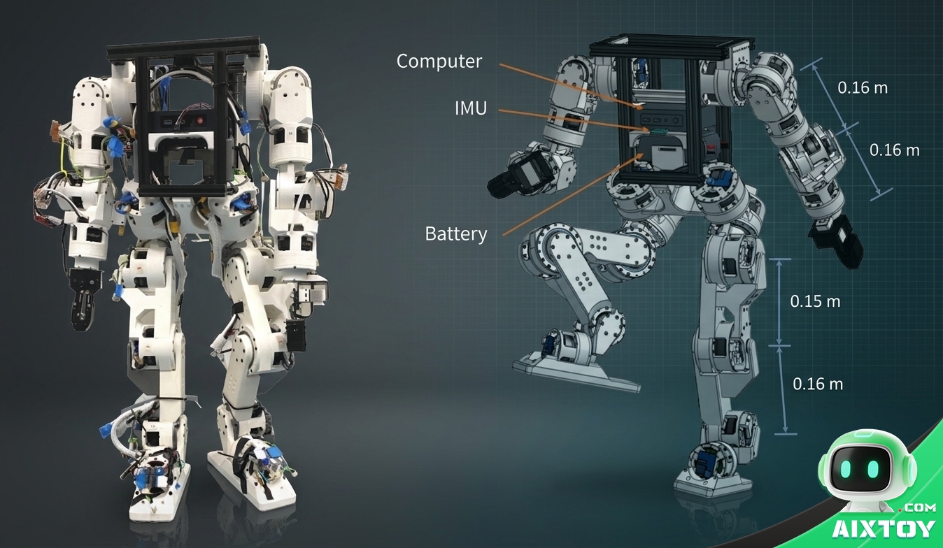 Berkeley Humanoid Lite open-source humanoid robot with CAD view on premium dark editorial backdrop