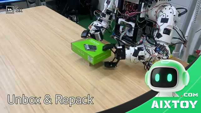Berkeley Humanoid Lite robot manipulating a green box in an unbox-repack demo