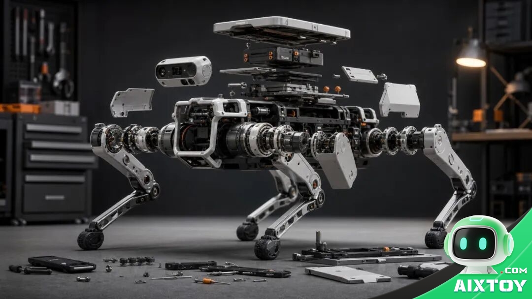 Exploded view of the Black Panther X modular quadruped robot showing joints and components