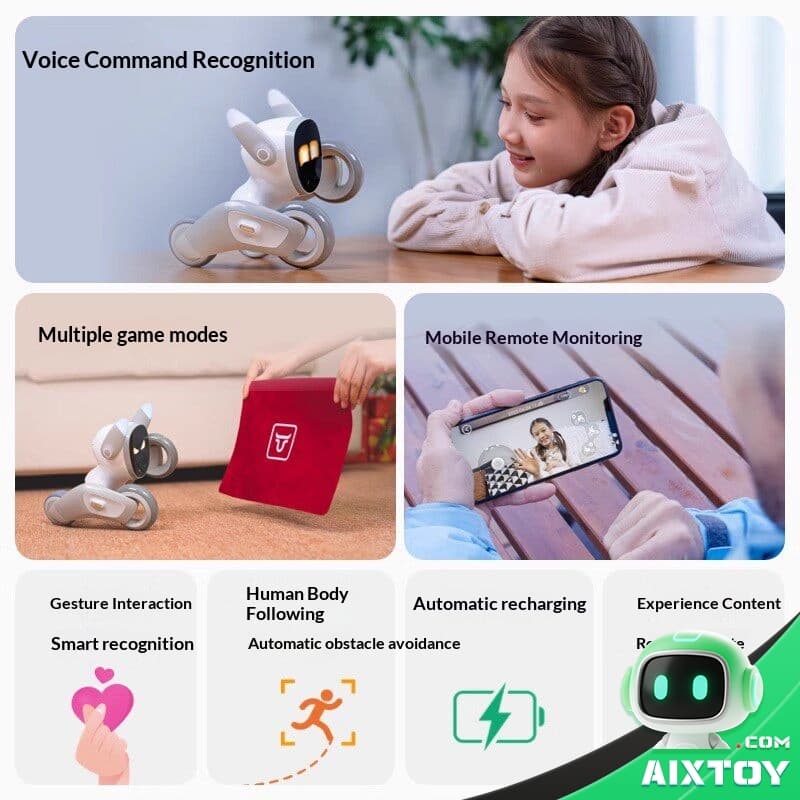 Loona AI Robot Dog Compact Design UI panel showcasing a toy robot with a girl, titled Voice Command Recognition (feature overview).