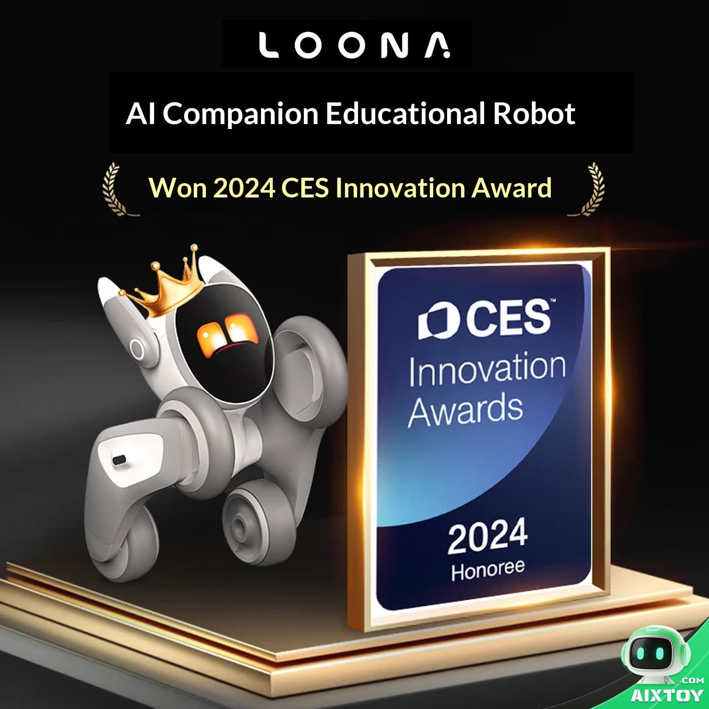 Loona AI Robot Dog Voice Interaction LOONA AI companion educational robot with a crown beside a CES Innovation Awards plaque, 2024 honoree.