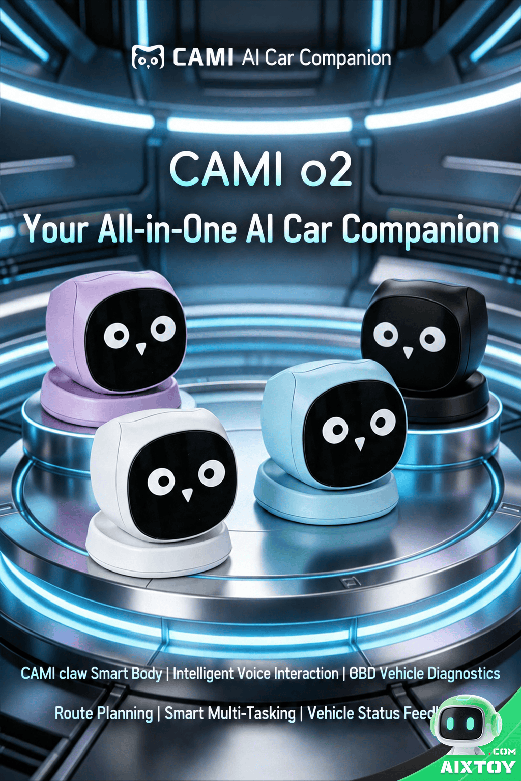 Cami o2 MAX AI Car Robot with OBD Diagnosis - Front View Cami o2 MAX AI Car Robot main front view - OBD diagnostic system AIXTOY