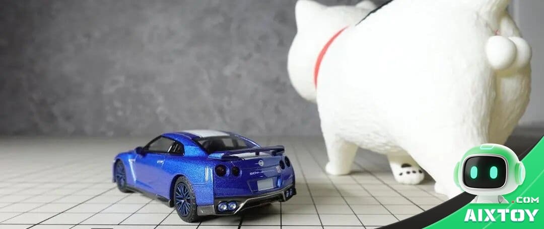 Smart AI toy companion for automotive IoT — child holding interactive robot plush in family car backseat