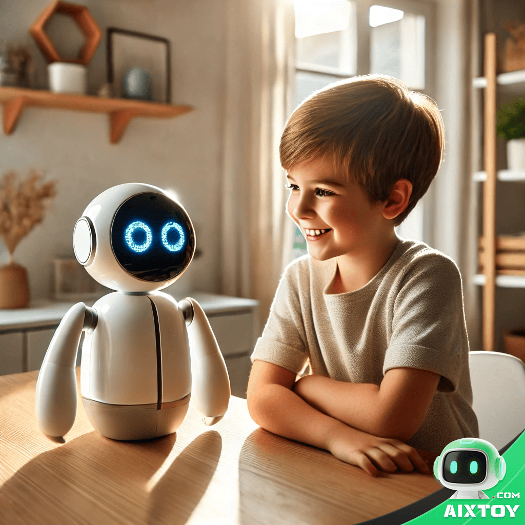 Happy child playing with a white AI companion robot toy at a modern desk