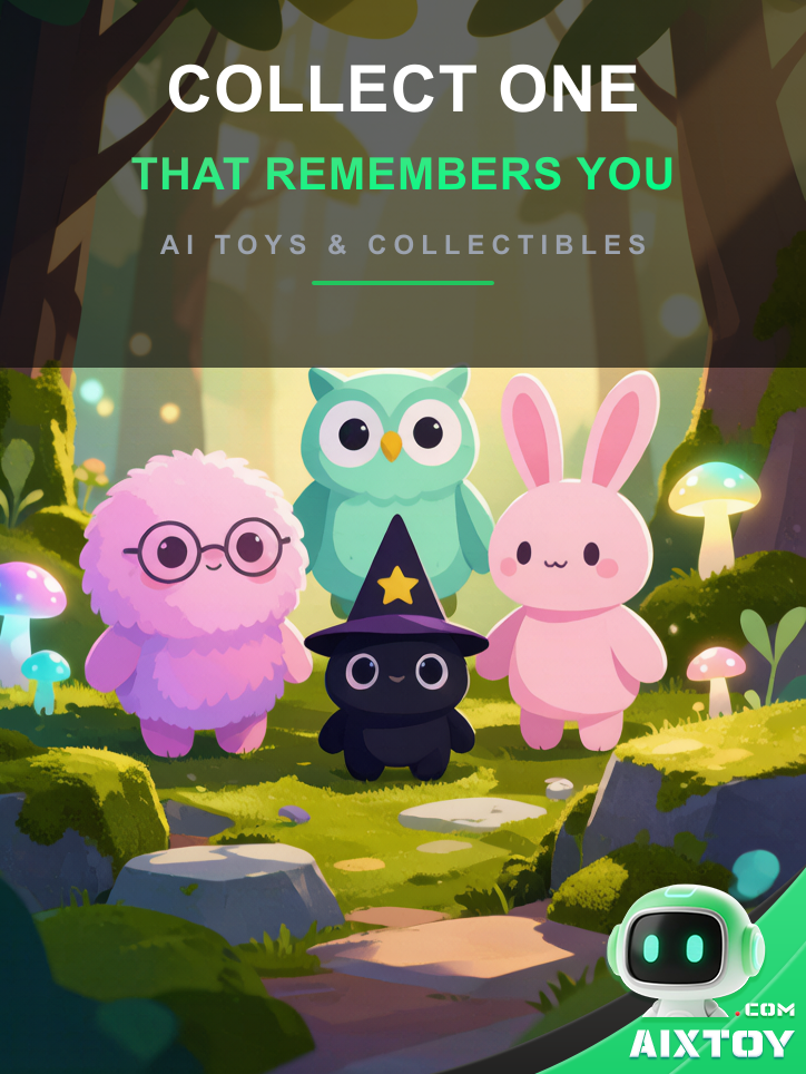 Four cute AI plush creatures in a magical forest, collect one that remembers you