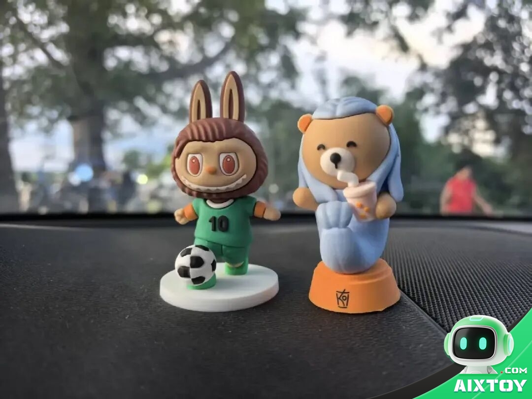 Designer collectible figure displayed on a car dashboard with natural light