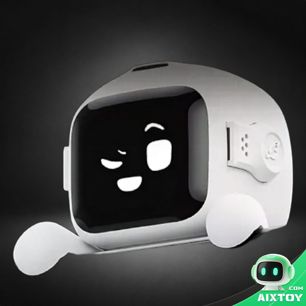 Commander Pro car AI companion robot, white plastic desktop car companion robot with a black screen showing a digital face, side dial and small arms — studio product photo on a dark background (AIXTOY)
