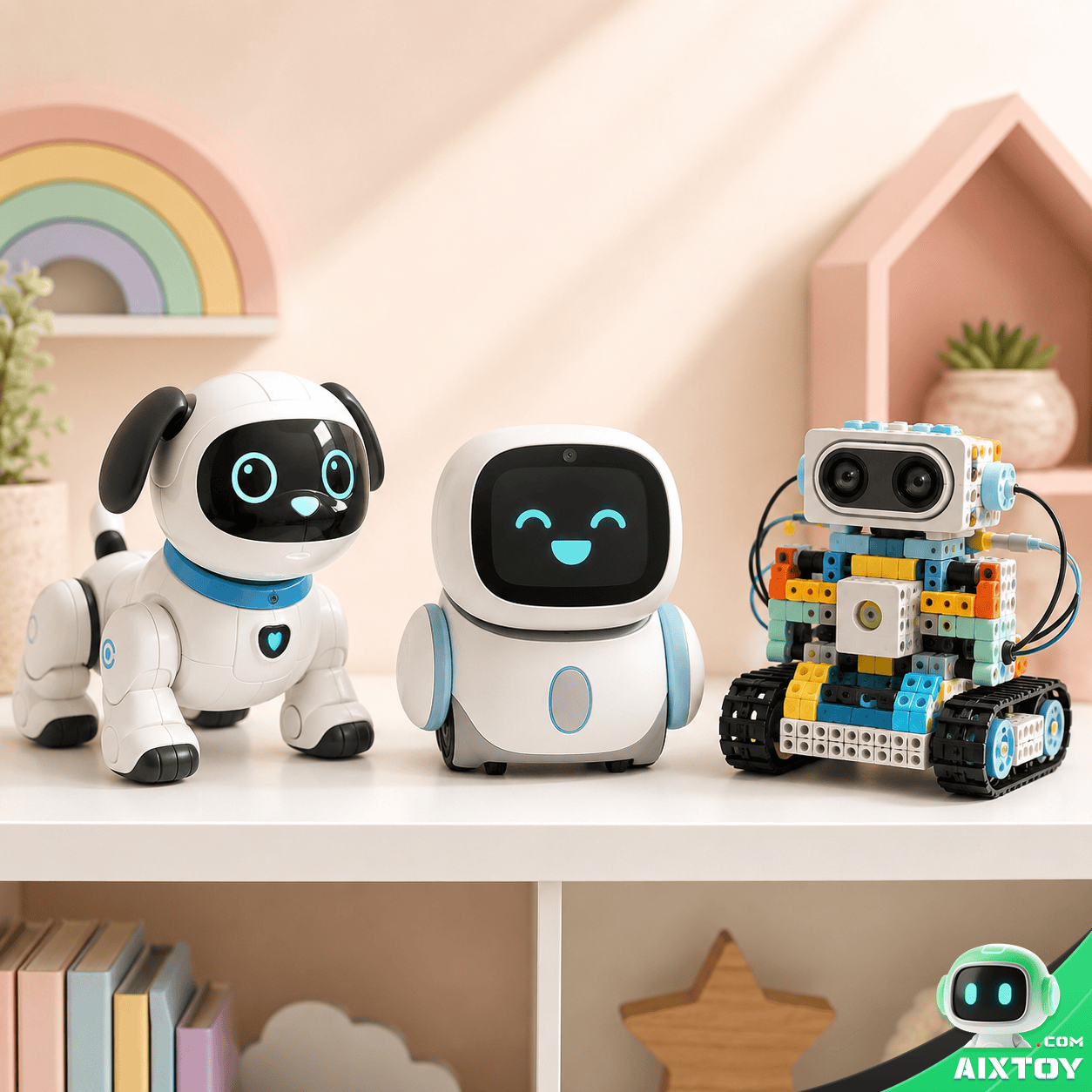 Three different types of cute AI robot toys on a shelf
