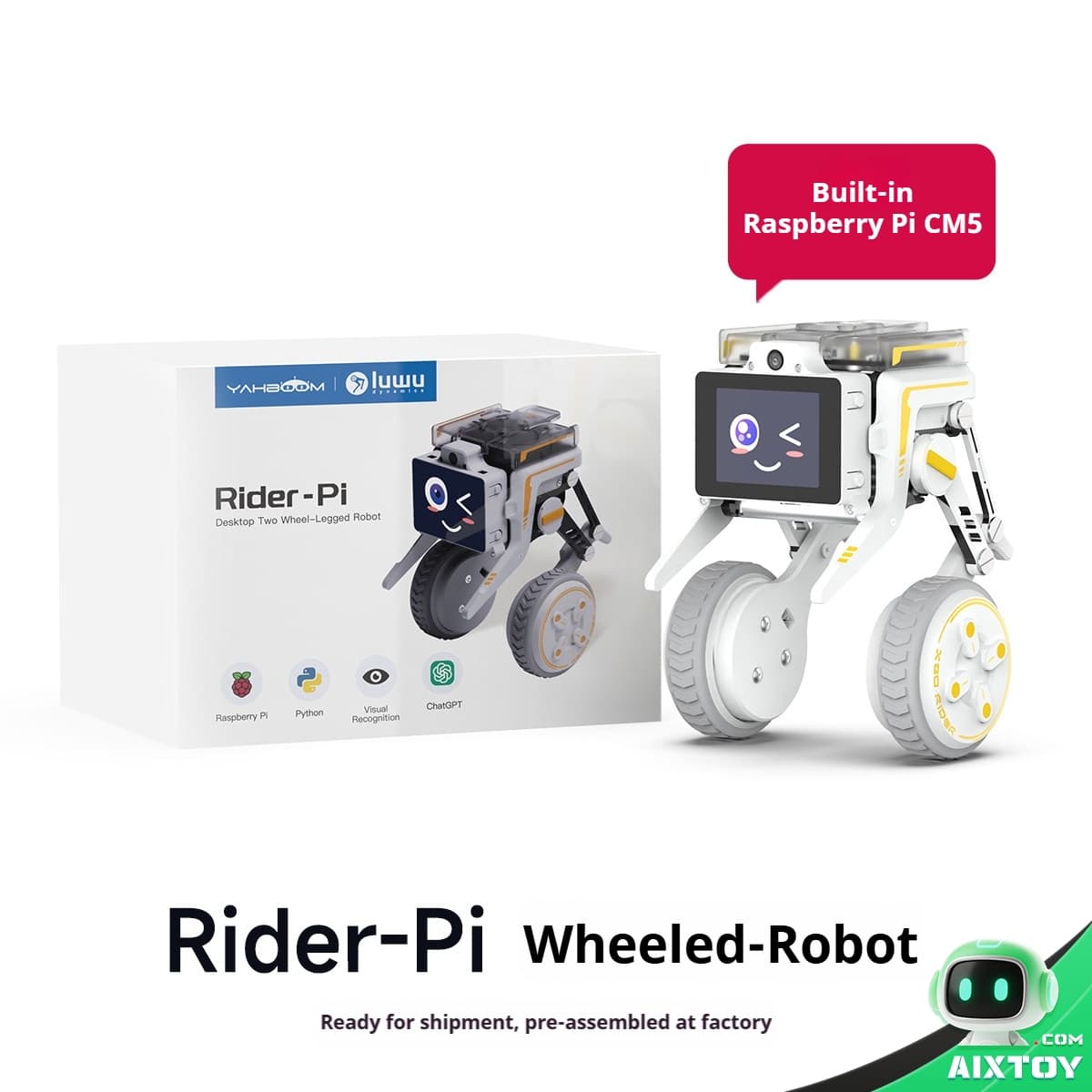 Rider-Pi robotics kit next to white packaging box unboxing view