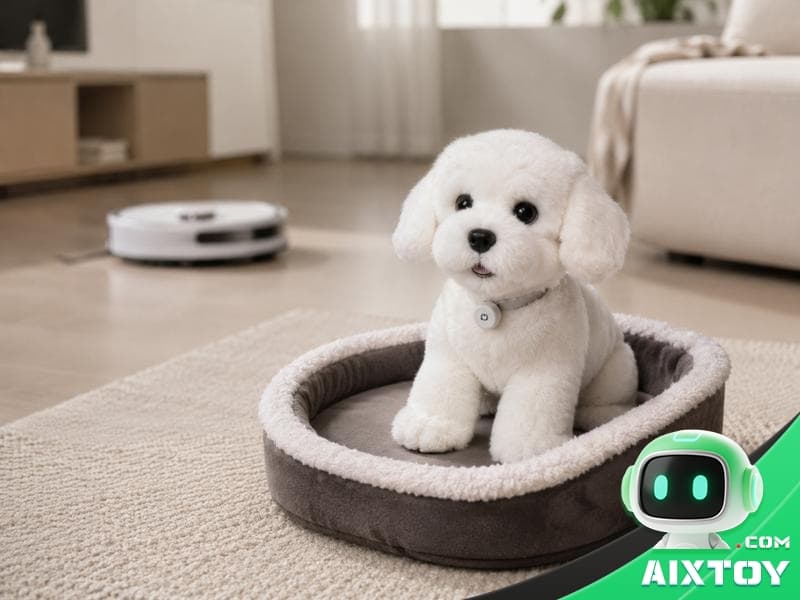 ECOVACS LilMilo AI puppy companion robot with fur expressive eyes and charging bed