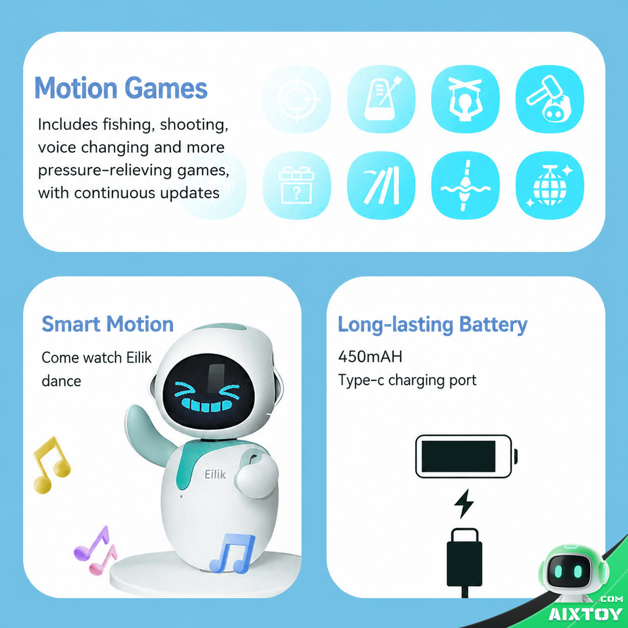 Eilik AI Robot Information Graphic English Version Eilik AI Robot product information graphic with technical specifications