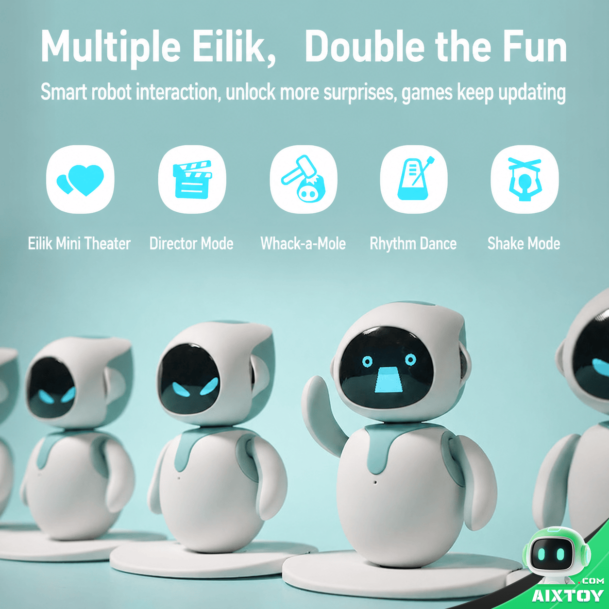 Eilik AI Robot Feature Icons and Specifications Banner Eilik AI Robot feature icons and product specifications overview