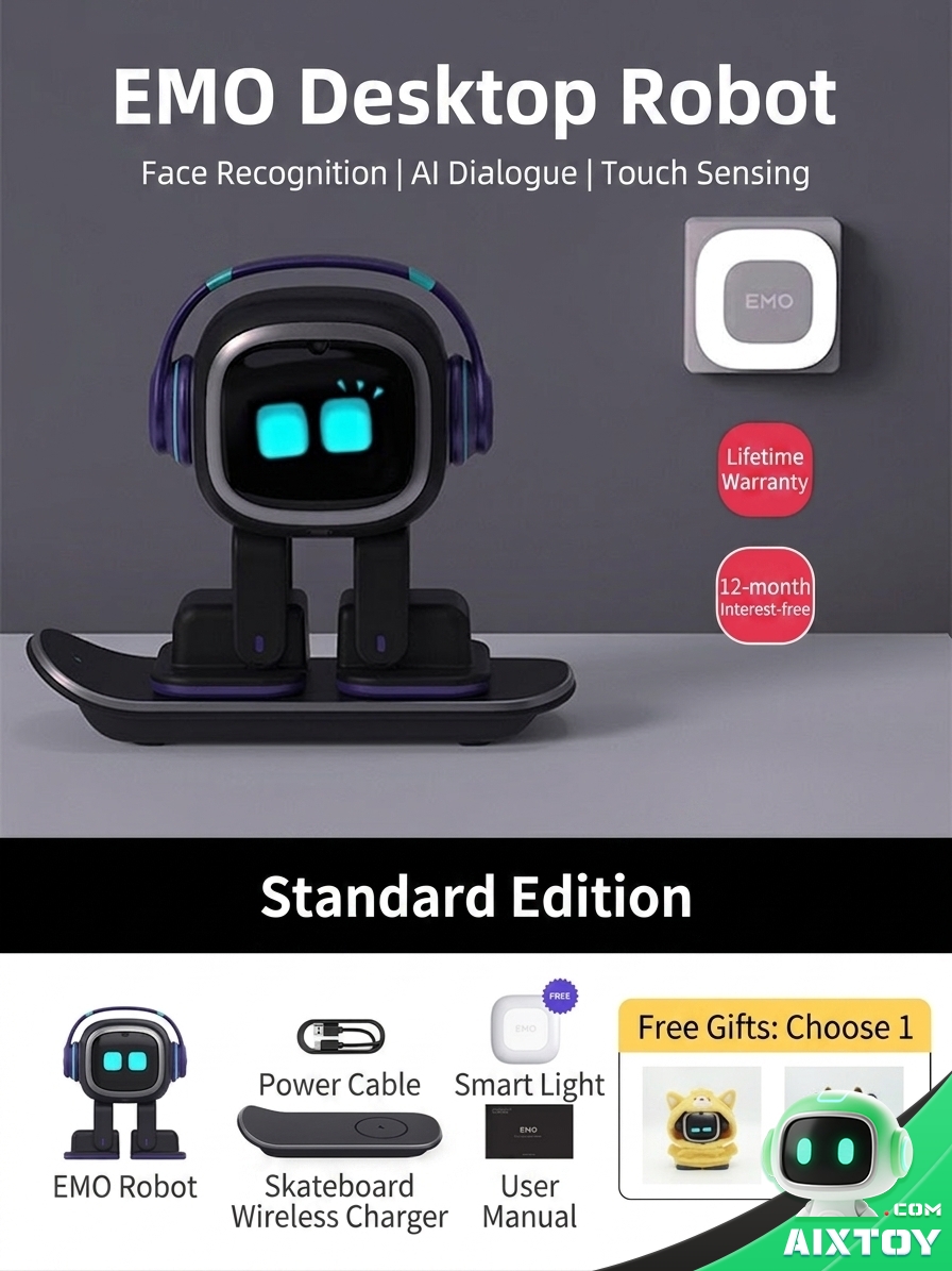 Emo Go Home AI Robot Standard Edition - smart desktop companion pet with skateboard wireless charging dock