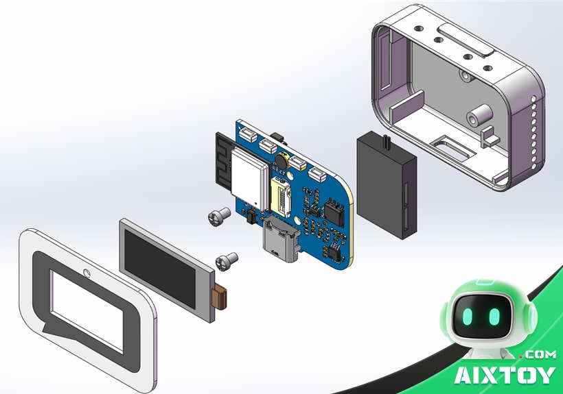 Exploded view of the ESP-Hi open-source robot dog showing its stacked main-board PCB, 3D-printed shell, light-shielding microphone baffle, 0.96-inch colour screen and acrylic front panel
