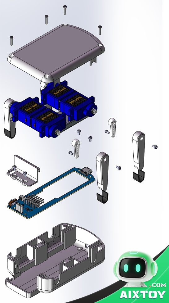 Exploded view of the ESP-Hi robot dog servo base showing four blue SG92R servos, the ServoDogBoard PCB, a 702040 500 mAh battery and 3D-printed shell parts