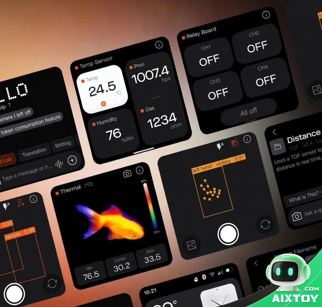 ESP-Mosaico App UI Showcase - AIXTOY ESP-Mosaico app UI screenshots sensor data AI recognition thermal imaging relay control