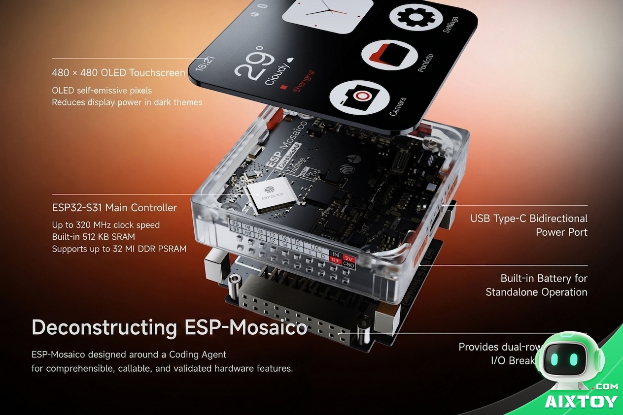 ESP-Mosaico Exploded View - AIXTOY ESP-Mosaico exploded view 480x480 AMOLED touchscreen ESP32-S3 mainboard USB Type-C