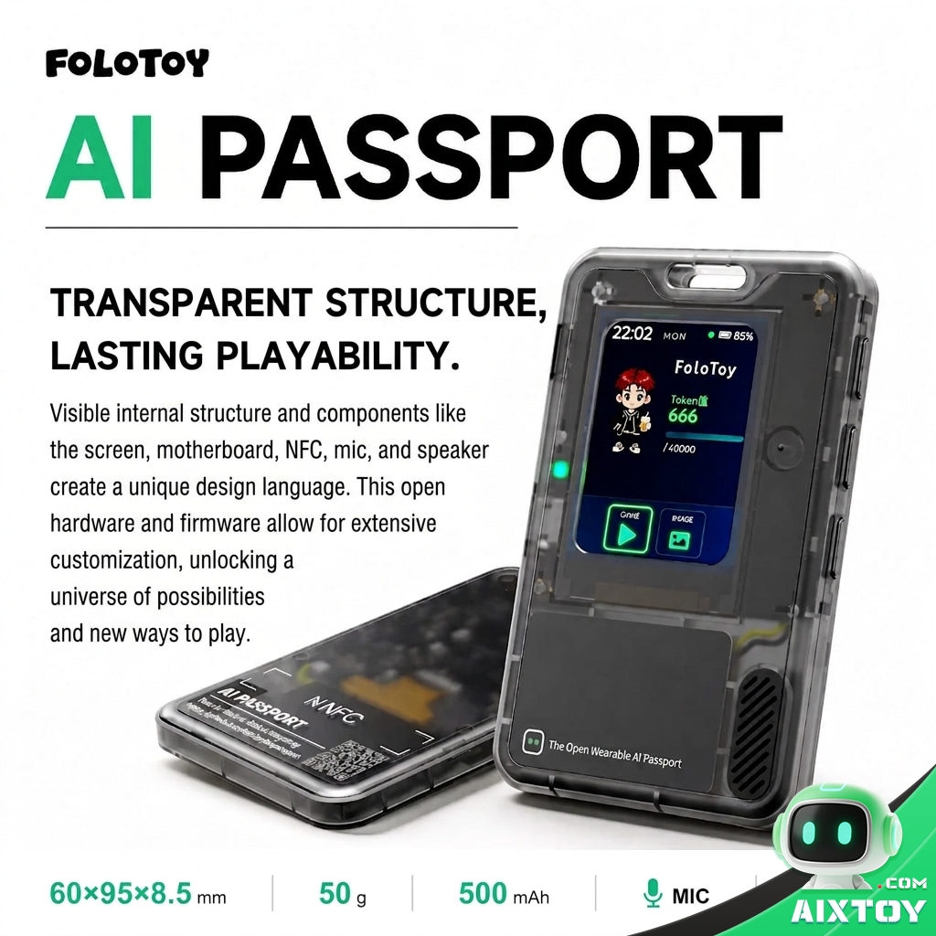 FoloToy AI Passport Device Specifications FoloToy AI Passport specifications showing 60x95x8.5mm size, 50g weight and screen interface