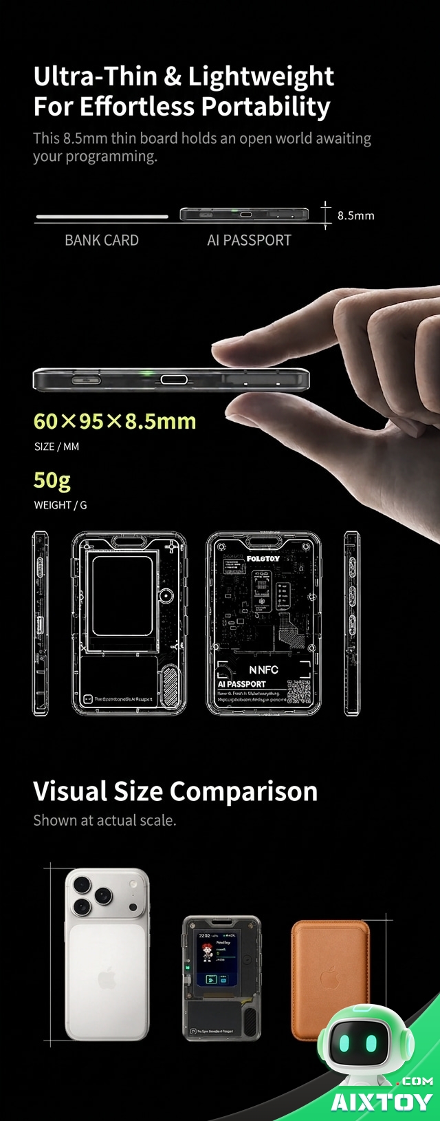 FoloToy AI Passport - Size Comparison FoloToy AI Passport 8.5mm thin body compared in size with a bank card and smartphone