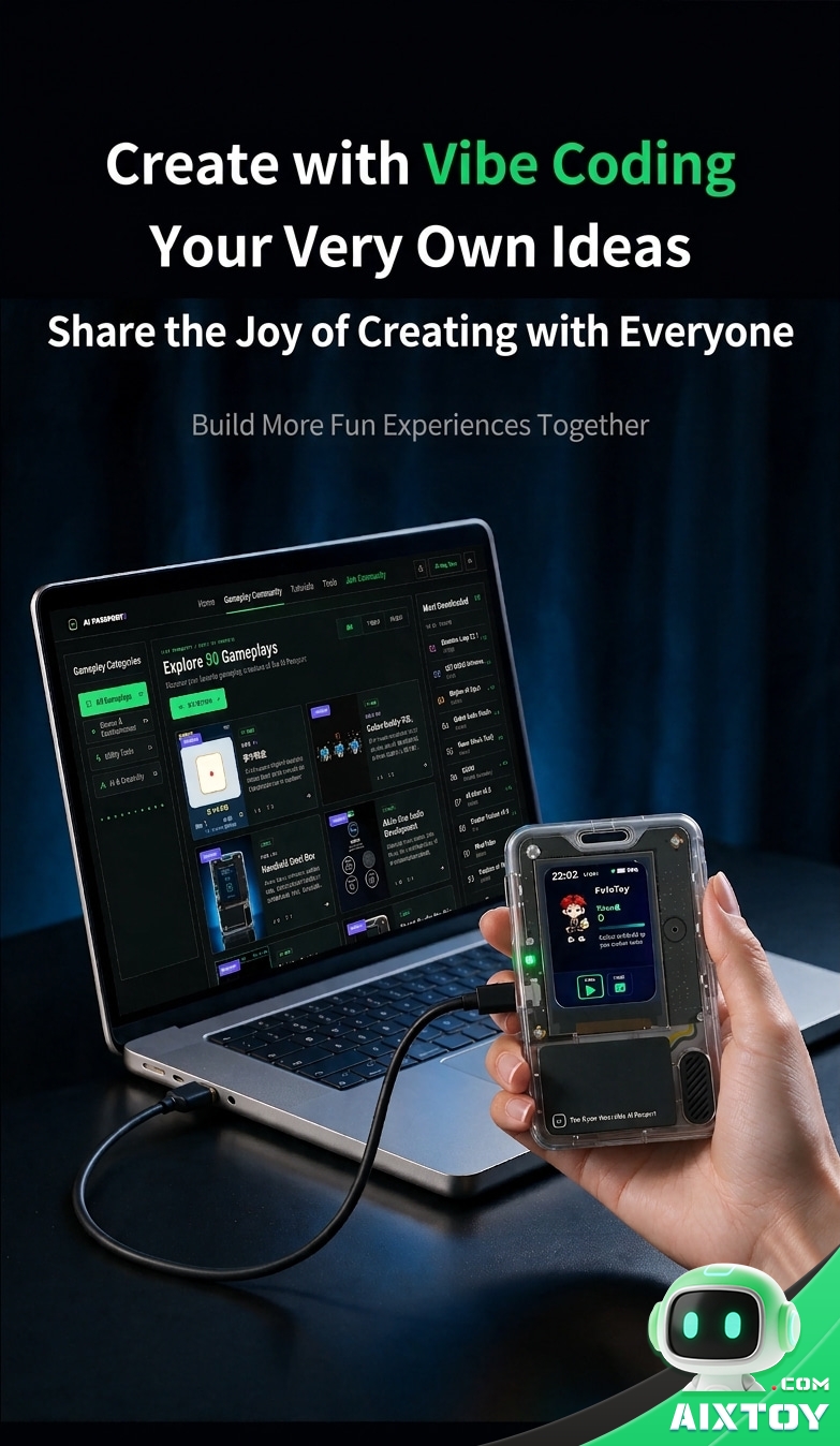 FoloToy AI Passport - Vibe Coding Building custom FoloToy AI Passport play modes with Vibe Coding on a laptop