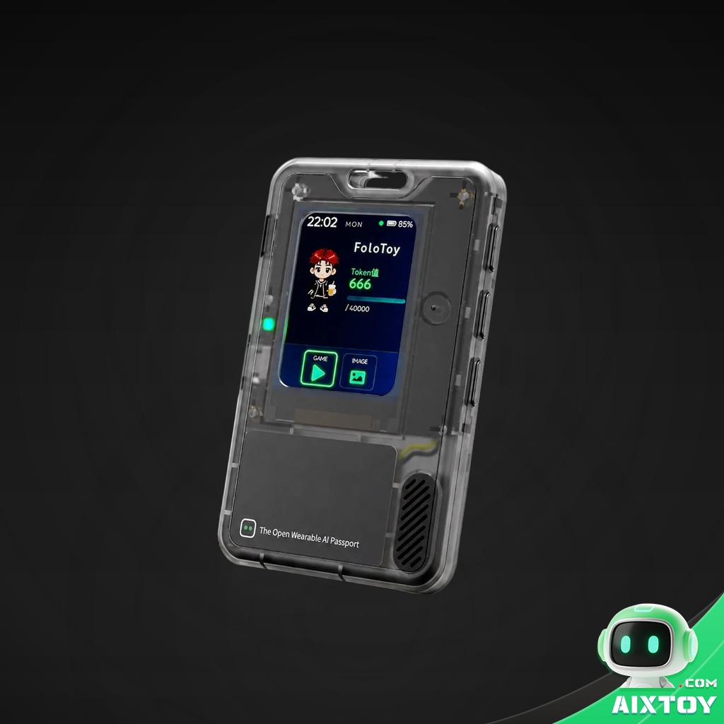 FoloToy AI Passport - Wearable DIY AI Badge Kit with Screen, NFC & TRAE Coding FoloToy AI Passport wearable DIY AI badge kit, transparent-shell wearable AI badge with a colour display, visible internal black components and side buttons — studio product photo on a dark background (AIXTOY)