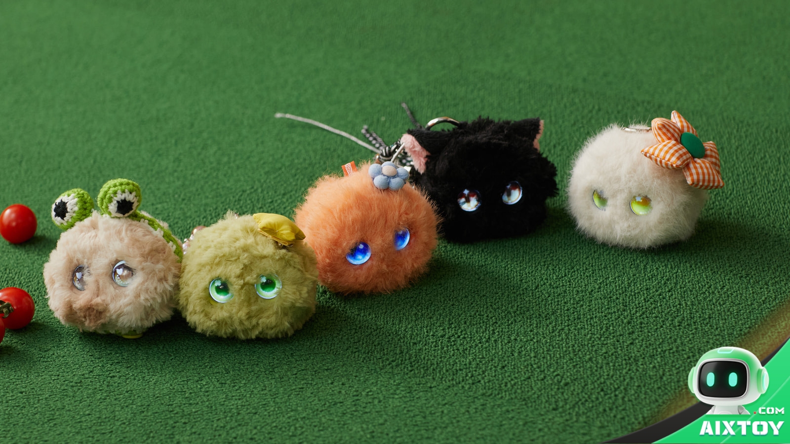 Five Fuzozo AI plush companions from Robopoet in their five elemental personality colours lined up on a green surface, the product behind 300,000 units sold in China