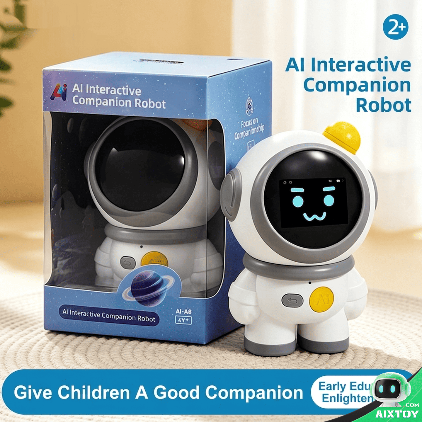 A8 AI robot astronaut companion toy displayed alongside blue space-themed window packaging box with planet graphics, ideal gift for children ages 3+