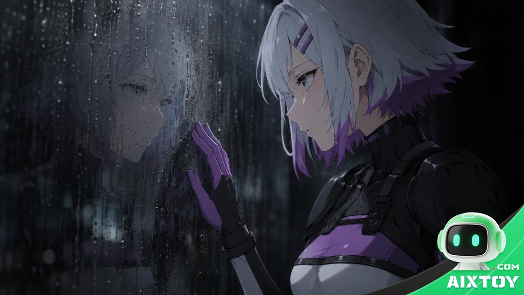 SEIVOID animated series scene with a silver-haired machine maiden in the rain