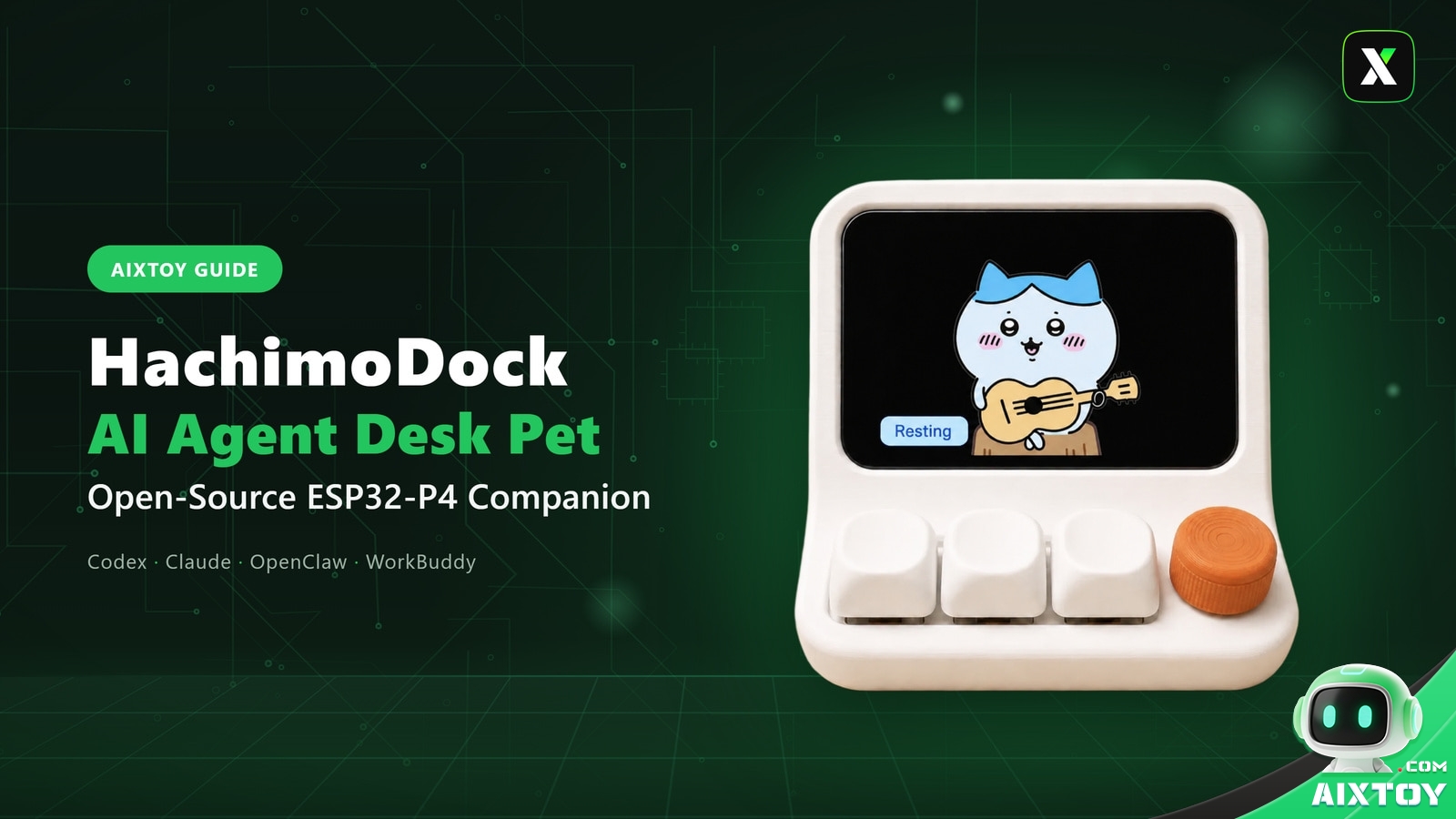 HachimoDock, an open-source ESP32-P4 AI agent desk pet showing the live status of coding agents as an animated character, on the article cover