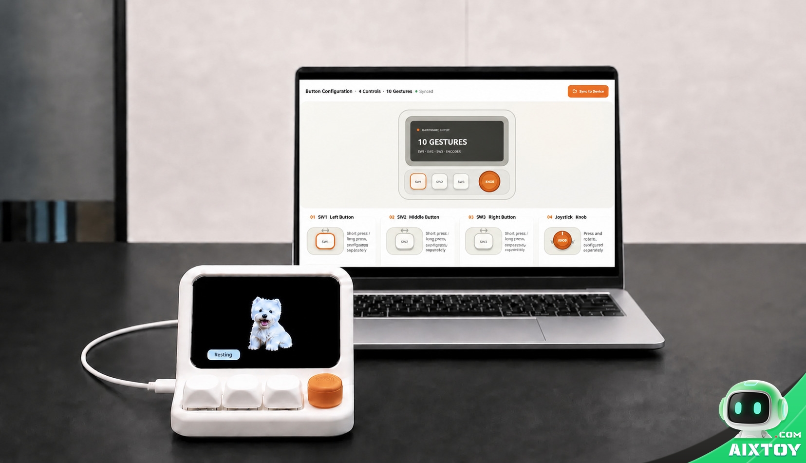 HachimoDock desktop app button configuration screen next to the physical device on a desk