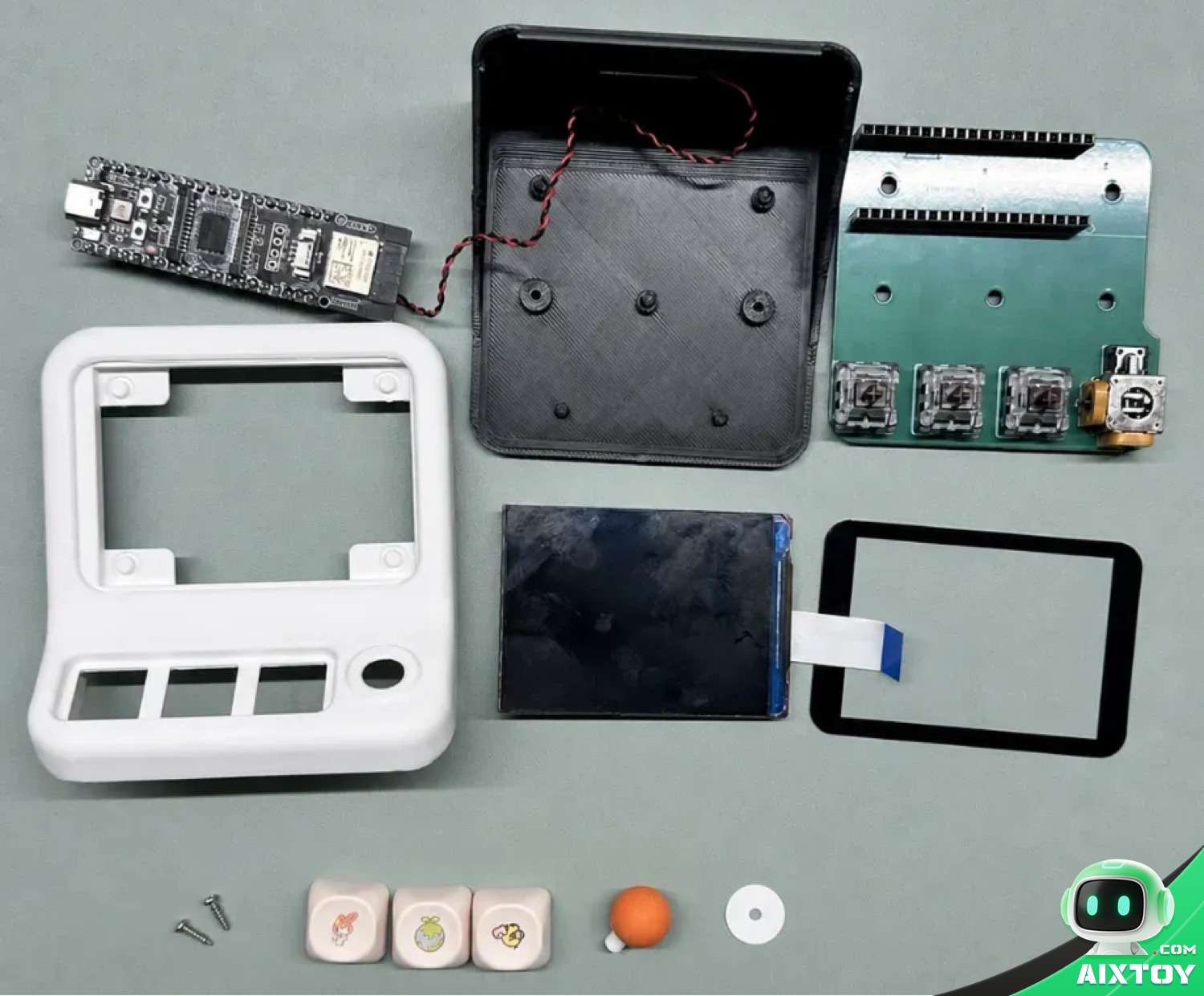 HachimoDock DIY hardware parts laid out: ESP32-P4 board, MIPI screen, PCB, buttons, joystick and shell