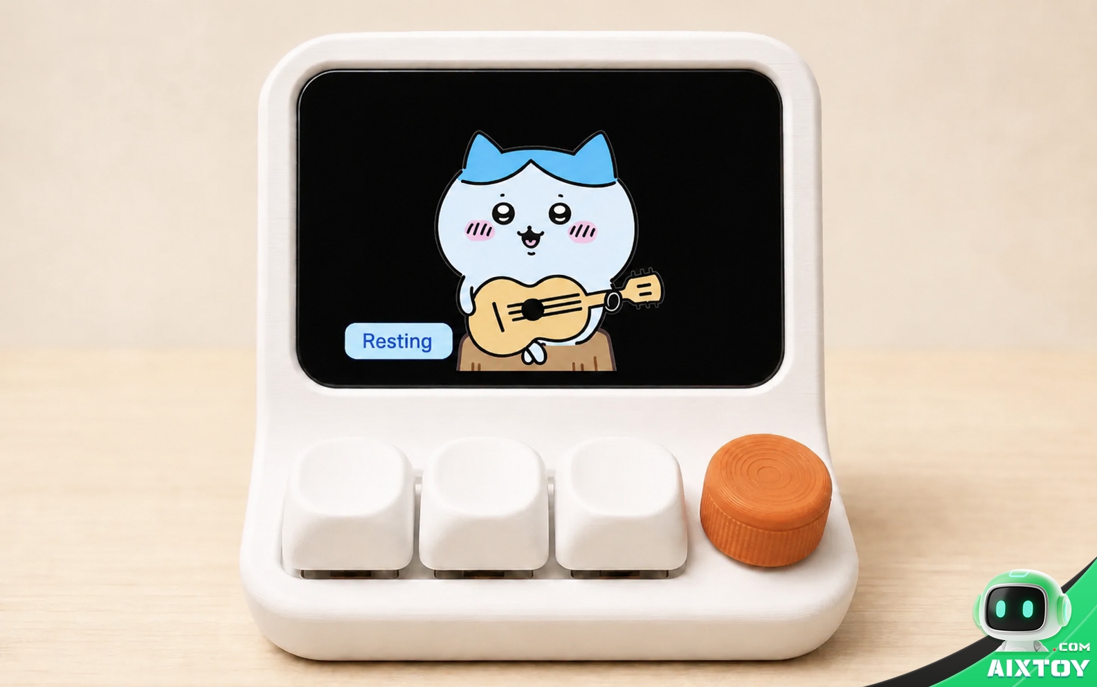 HachimoDock desktop device showing an animated cat character with a Resting status bubble