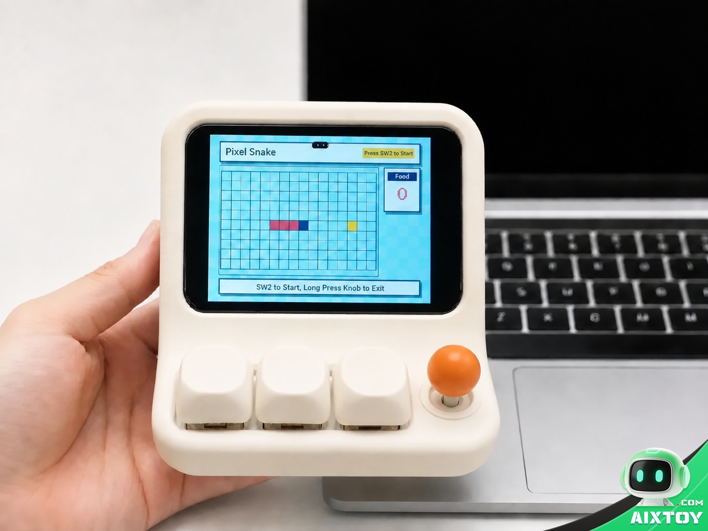 HachimoDock handheld showing the Pixel Snake mini game with English UI on the 480x640 screen
