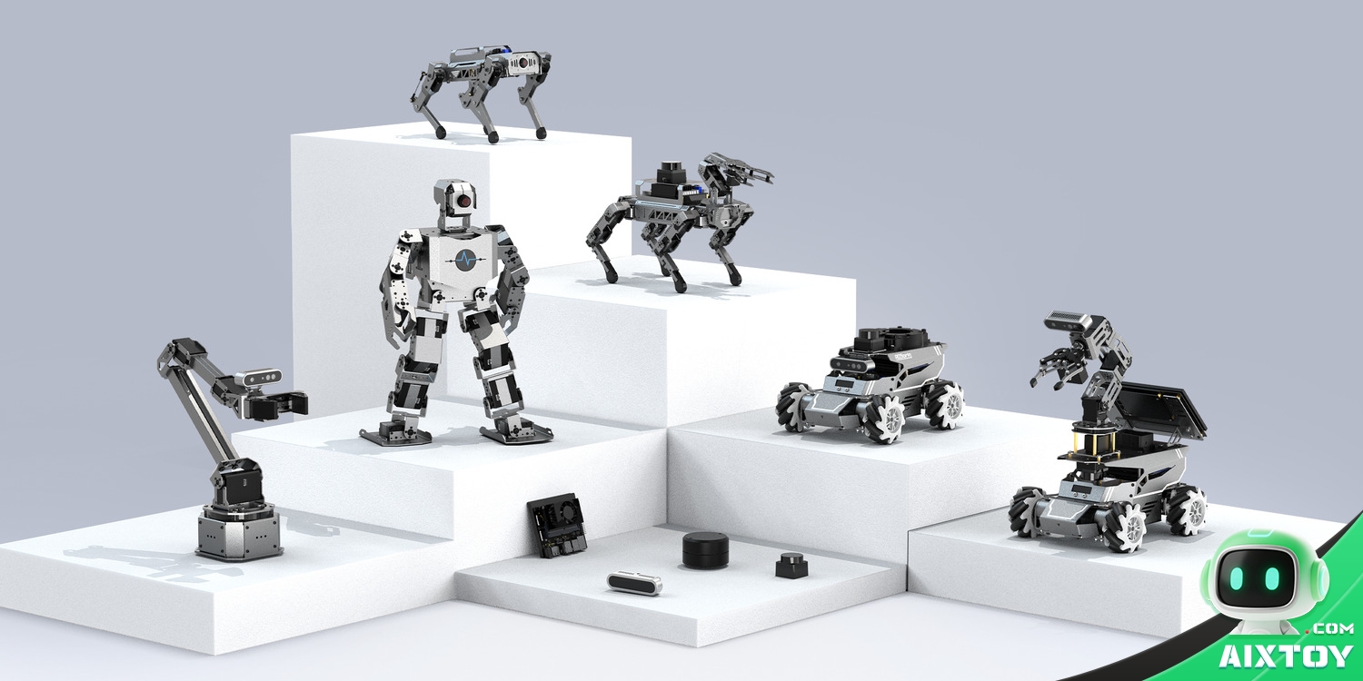 A line-up of Hiwonder ESP32, STM32 and Arduino robots including quadruped robot dogs, humanoid robots, robotic arms and robot cars