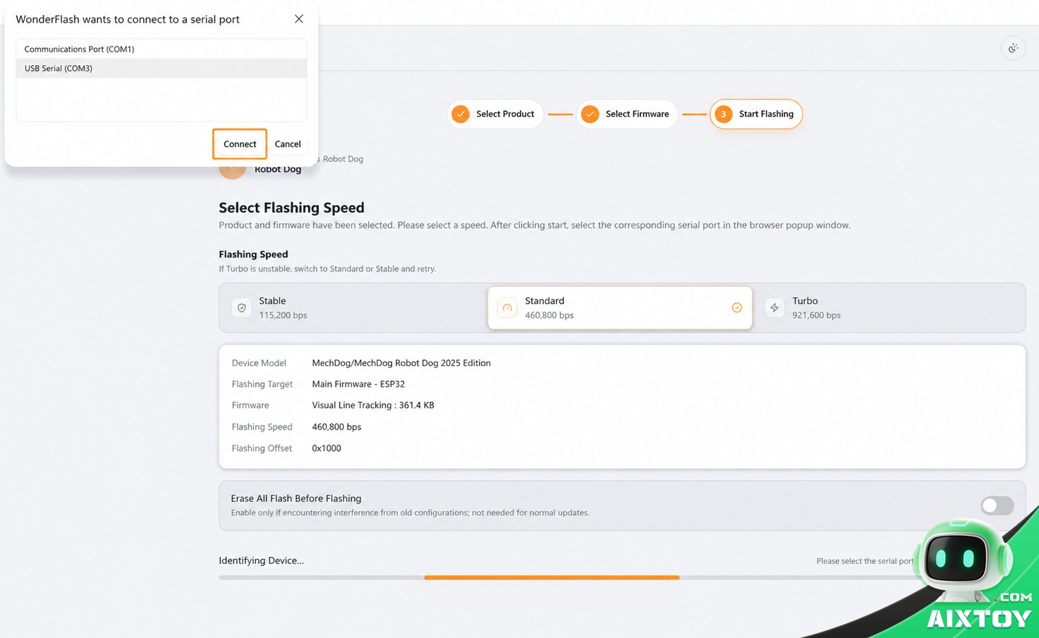 Browser prompt asking permission to connect to a serial port, listing a communications port, above the WonderFlash flashing screen
