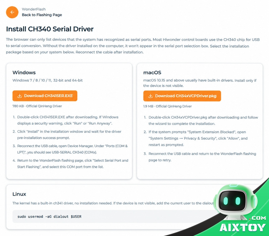 Install CH340 serial driver page in WonderFlash with separate Windows and macOS installation instructions and download buttons