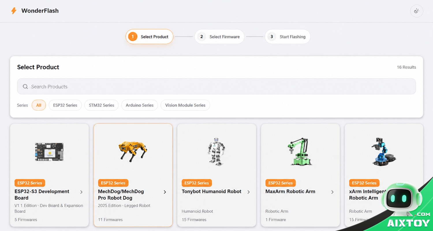 WonderFlash web interface showing the Select Product screen with a visual catalogue of ESP32 robot dogs, humanoid robots, robotic arms and development boards