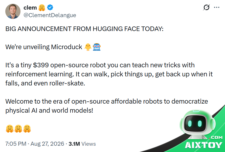 Screenshot of Clem Delangue tweet announcing Microduck, a $399 open-source robot