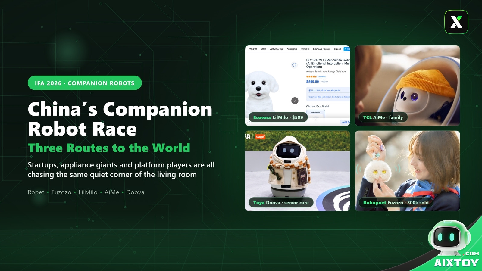 Cover art for the AIXTOY report on companion robots at IFA 2026, showing the Ecovacs LilMilo, TCL AiMe, Tuya Doova and Robopoet Fuzozo on a green circuit-board background