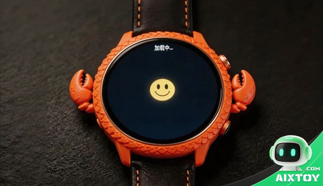 Orange crab-claw smartwatch on a black strap shows a loading screen with a yellow smiley face and Chinese text '加载中…'