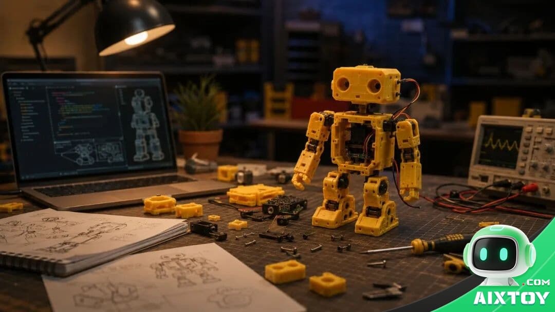 Open Duck Mini 3D printed robot standing on a table with exposed wiring and control board
