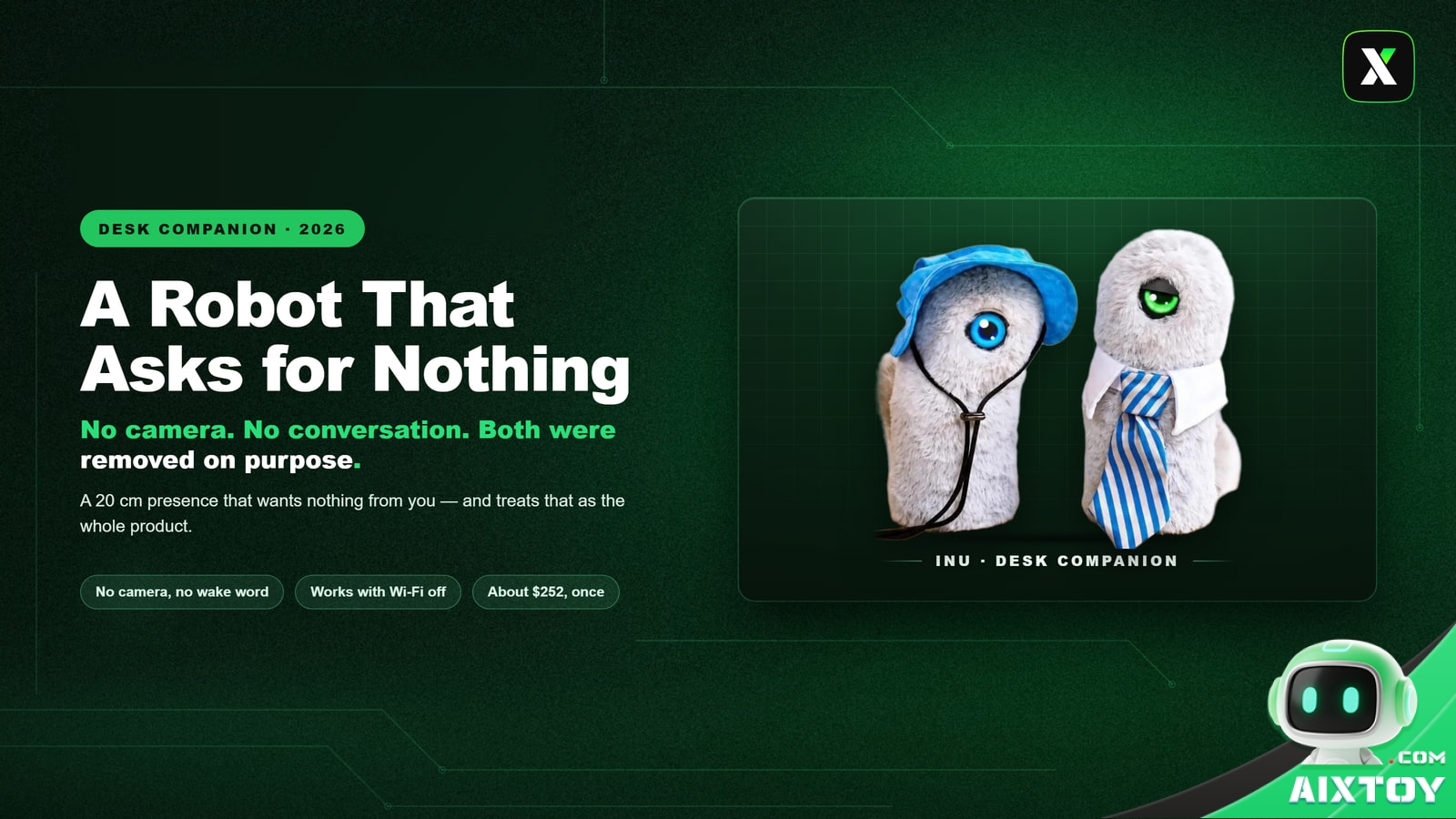Two INU desk companion robots side by side on a dark green panel: one in a blue bucket hat with a large blue eye, one in a white collar and striped tie with a green eye, beside the headline A Robot That Asks for Nothing
