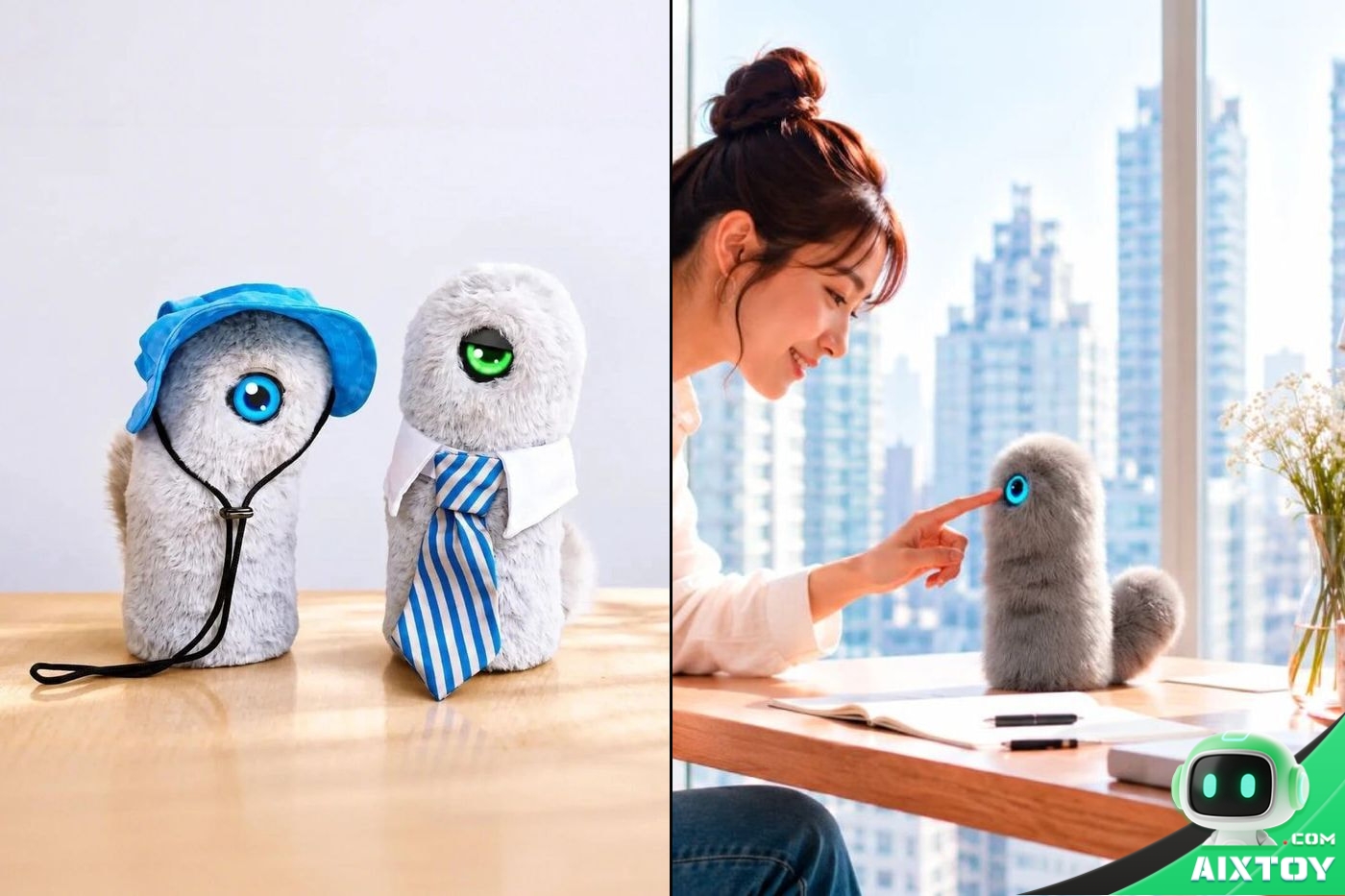 INU desk companion robot shown in full: a plush column about 20 cm tall with a single large blue eye, a blue hat and a cord, next to a second unit wearing a striped tie, and a user touching the eye on a desk by a window