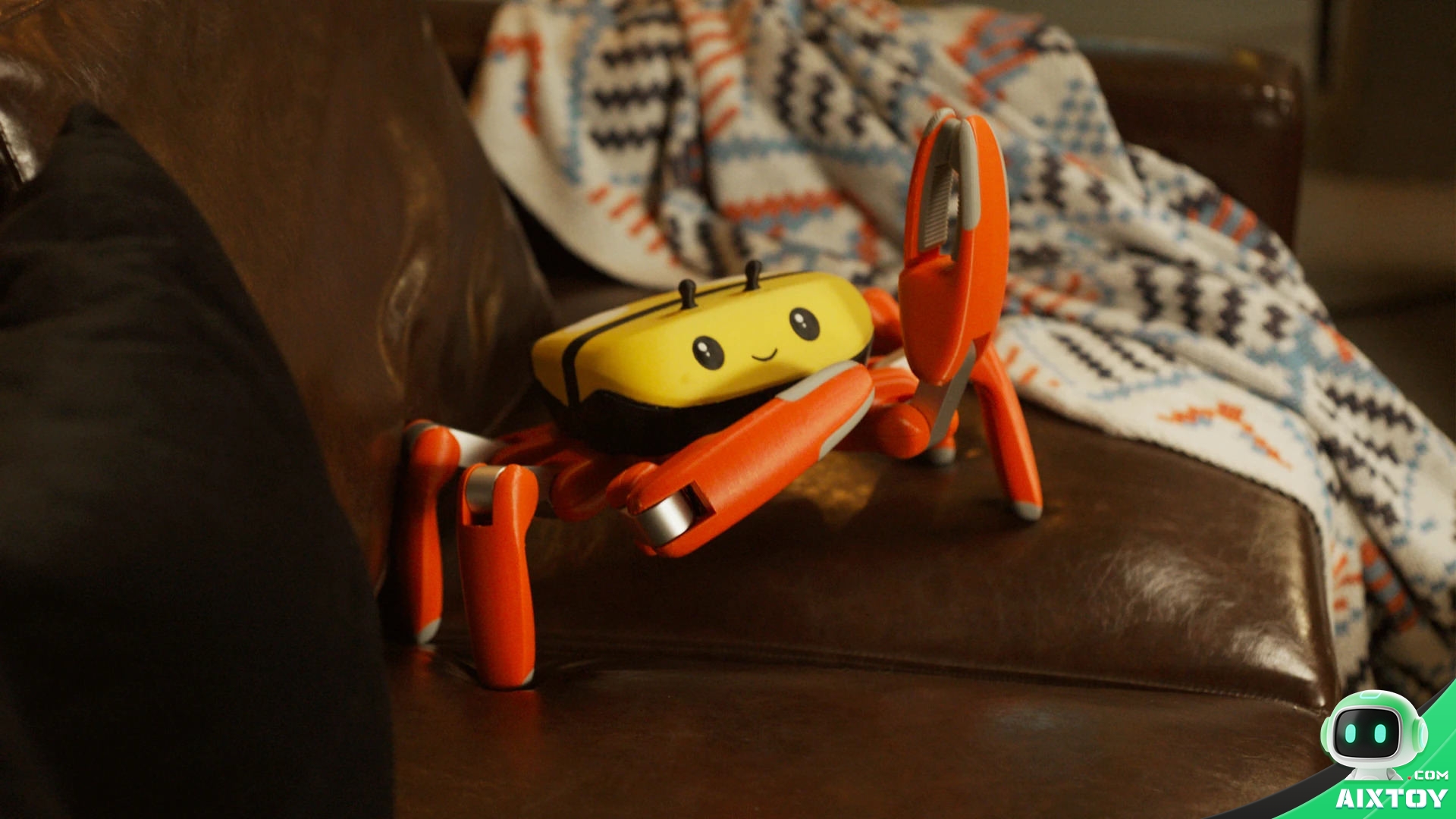 Jumper crab robot wearing a yellow bee shell on a leather sofa Jumper crab robot wearing a yellow bee shell on a leather sofa